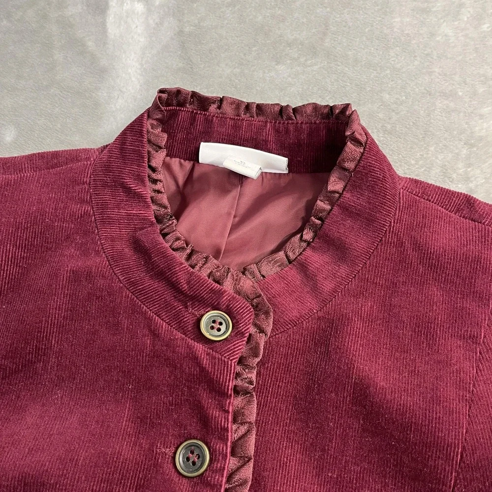 Dressbarn Blazer Womens XL Red Corduroy Ruffle Trim Button Front‎ Fairy Feminine